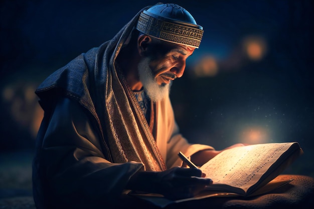 In traditional Arabic clothing an Arab man recites the Qur39an outdoors under the moonlit sky honoring the Islamic faith