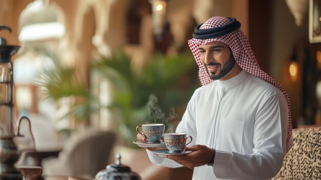 Photo traditional arabic coffee served by a smiling emirati man in a luxurious lounge