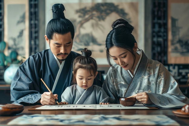 Traditional Asian Family Engaging in Calligraphy Art Together at Home Cultural Bonding Experience