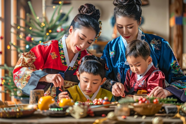 Traditional Asian Family Gathering Around Table Enjoying Meal in Festive Clothing Celebrating