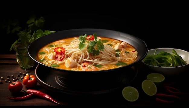 Traditional Asian Laksa Soup on Dark Background