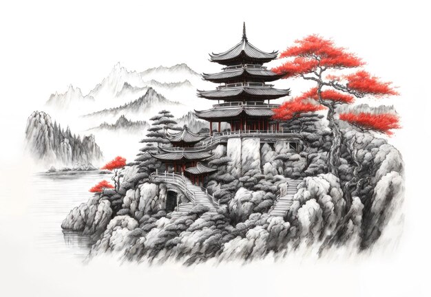 Traditional asian pagoda in mountain landscape