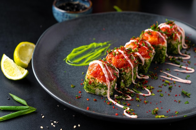 Traditional Asian rolls and sushi with soy sauce and wasabi served on a dark background