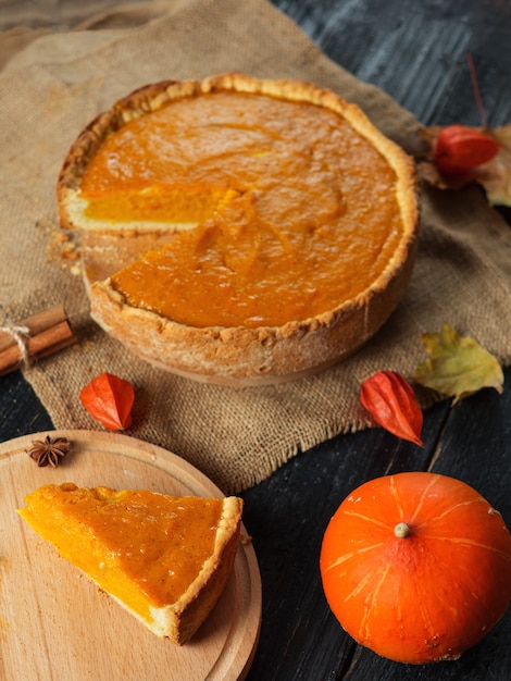 Traditional autumn pumpkin pie. Happy thanksgiving