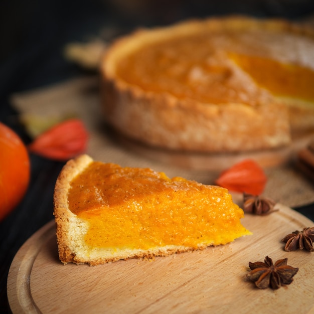 Traditional autumn pumpkin pie. Happy thanksgiving