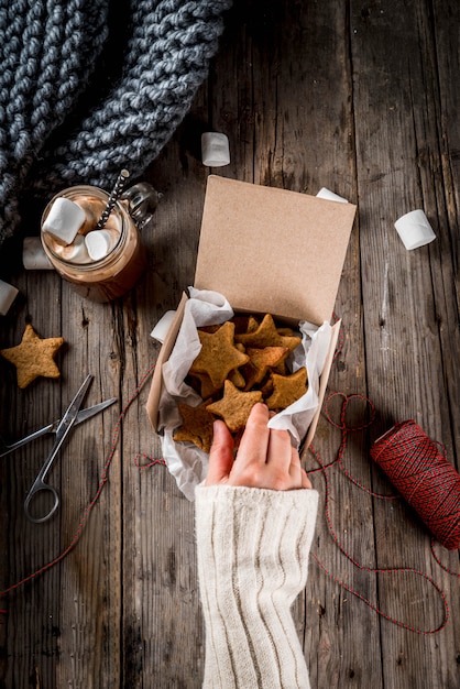 Traditional autumn winter drinks and treats. Cup of hot chocolate with marshmallow 