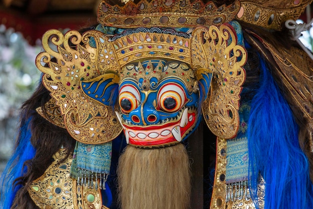 Traditional Balinese Barong mask on street ceremony in Ubud island Bali Indonesia Close up