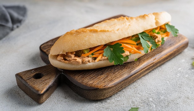 Traditional Banh Mi sandwich with pate pickled carrots and cilantro Vietnamese cuisine Tasty food