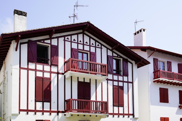 Traditional bask facades with colorful shutter in Basque Country France