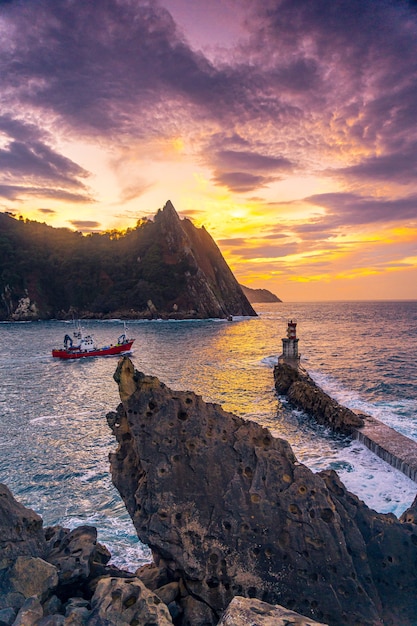 A traditional Basque fishing boat leaving the port of Pasajes San Juan in Gipuzkoa