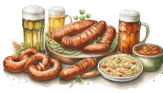 Photo traditional bavarian food and drink set watercolor set that includes traditional oktoberfest foods and drinks graphic art illustration