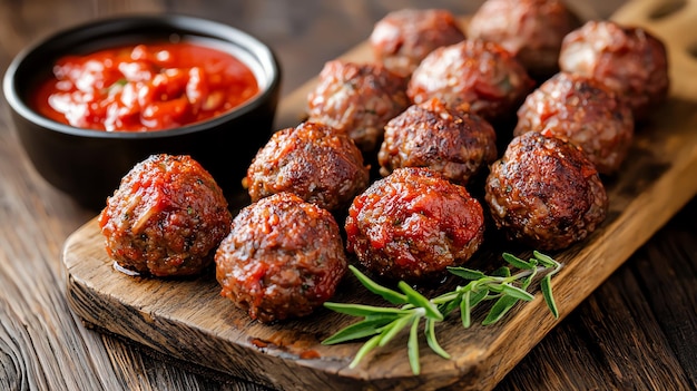 Traditional beef meatballs on rustic wooden board with marinara bowl