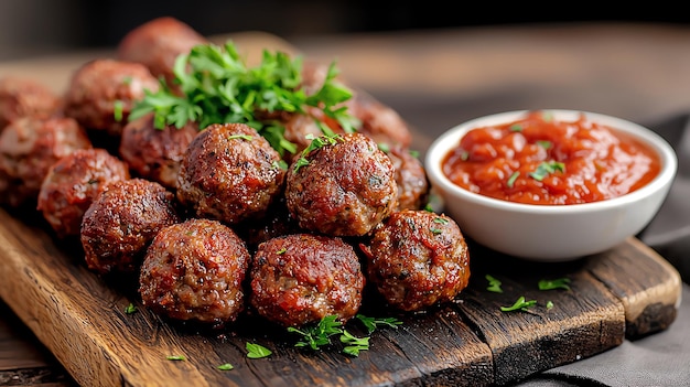 Traditional beef meatballs on rustic wooden board with marinara bowl