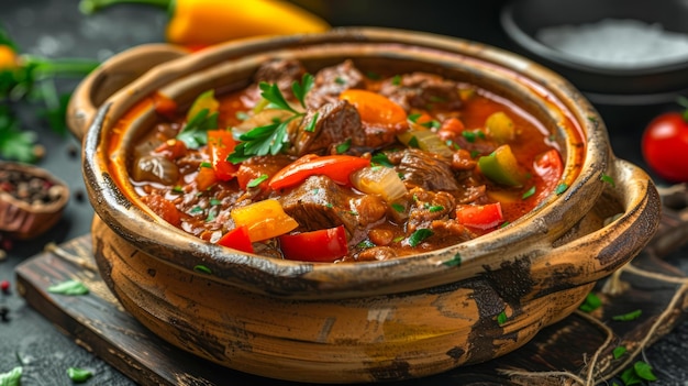 Traditional Beef Stew in Clay Pot with Carrots Potatoes and Fresh Herbs Garnish on Rustic Wooden