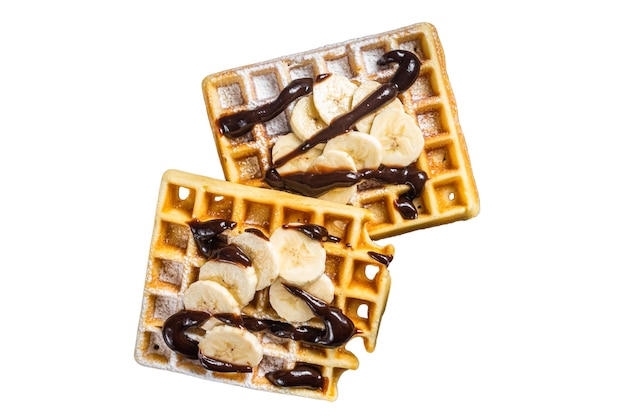 Traditional belgian waffles with fresh banana and Chocolate sauce Isolated on white background