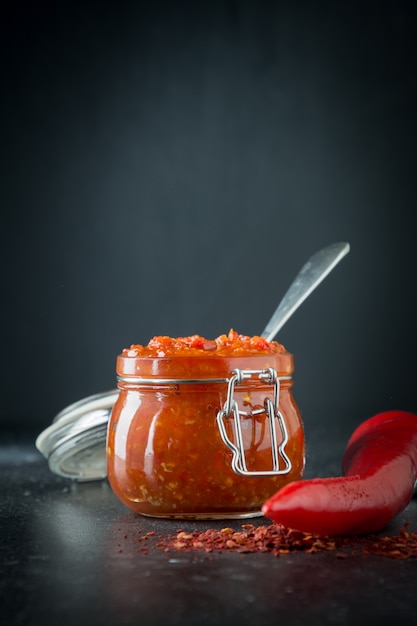 Traditional bell pepper paste harissa.Tunisia, georgian and arabic cuisine. Verticak view.