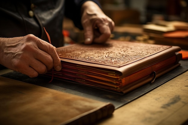 Traditional bookbinder handbinding a generative ai