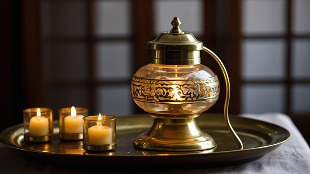 A traditional brass oil lamp with intricate details glowing warmly for ceremonial or festive use