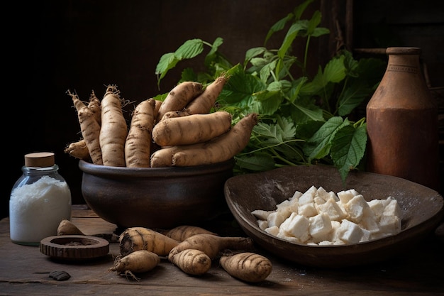 Traditional Brazilian Food Cassava Starches on a Rustic Table