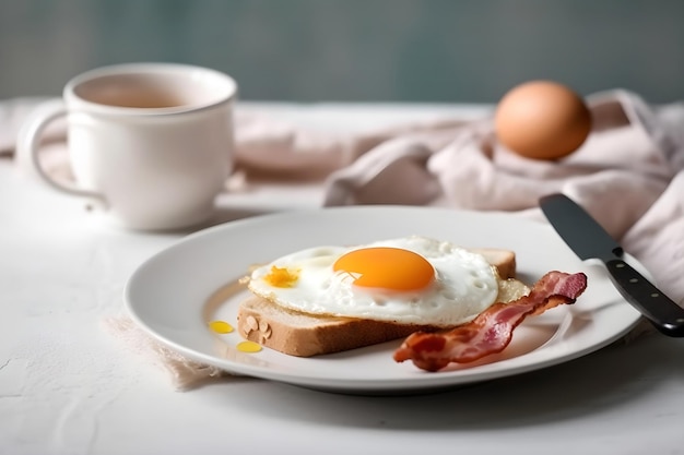 Traditional breakfast with fried eggs bacon and toast on the plate Generative AI