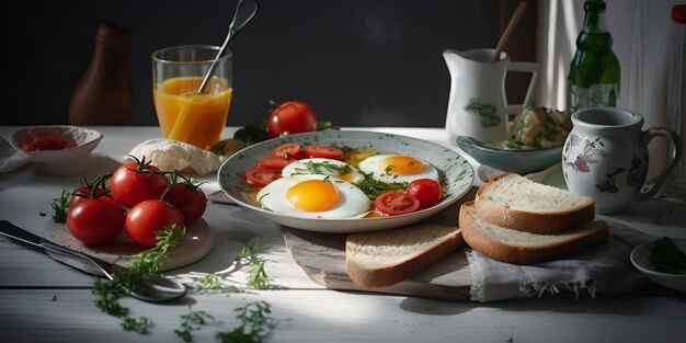 Traditional breakfast with fried eggs toast and salad on the plate AI generated