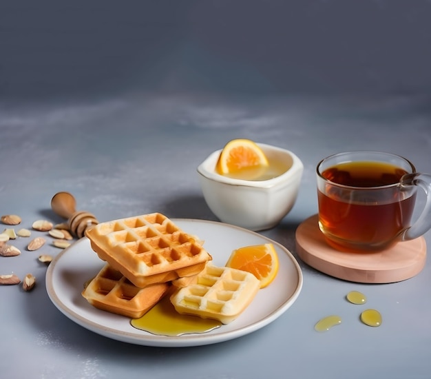 Traditional breakfast with homemade waffles and tea Copy space Generative AI