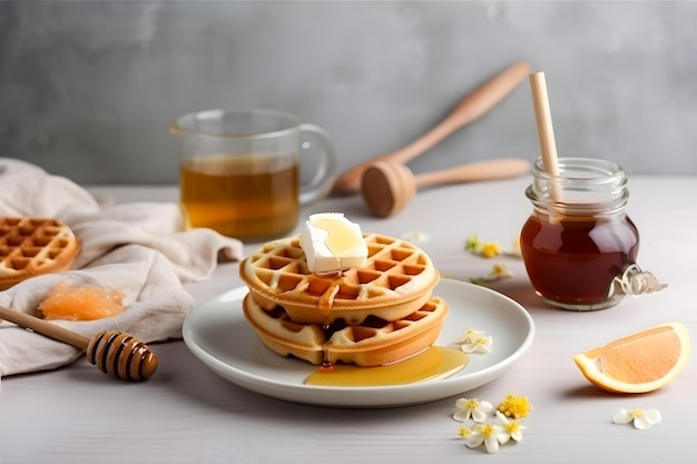 Traditional breakfast with waffles and tea Generative AI