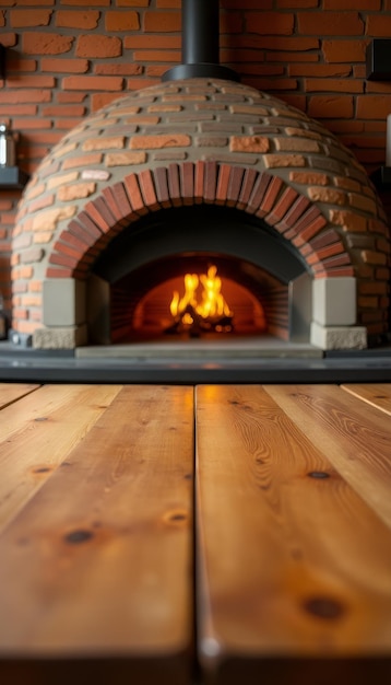 Photo traditional brick pizza oven with flames and wooden floor view