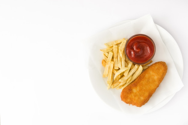 Traditional British fish and chips isolated on white top view copy space