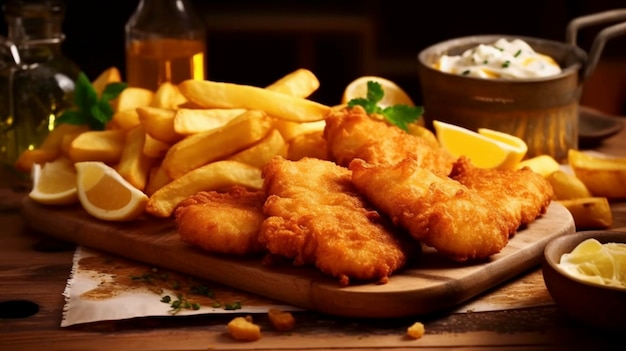 Traditional British Fish and Chips with Potatoes and Lemon