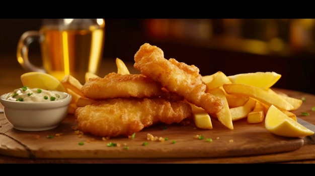 Traditional British Fish and Chips with Potatoes and Lemon