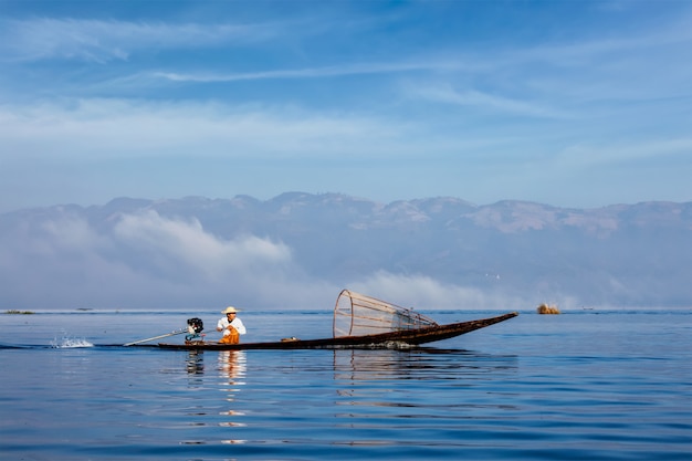 Traditional Burmese fisherman at Inle lake, Myanmar