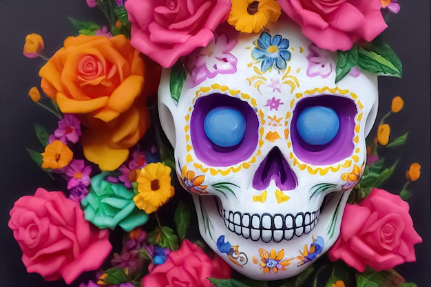 Traditional Calavera Sugar Skull decorated with flowers The day of the dead 3D illustration