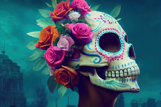 Traditional Calavera Sugar Skull decorated with flowers The day of the dead 3D illustration