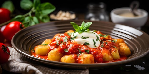 Photo traditional campanian recipe gnocchi alla sorrentina with potato dumplings tomato sauce and mozzarella concept italian cuisine campania region gnocchi recipe tomato sauce mozzarella cheese