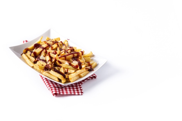 Traditional Canadian Poutine isolated on white background