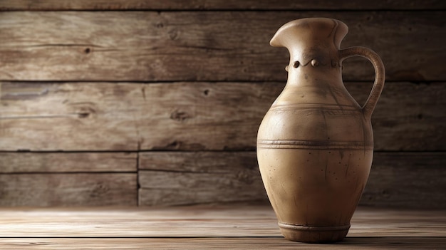 Traditional ceramic pitcher against a backdrop of rustic wooden planks