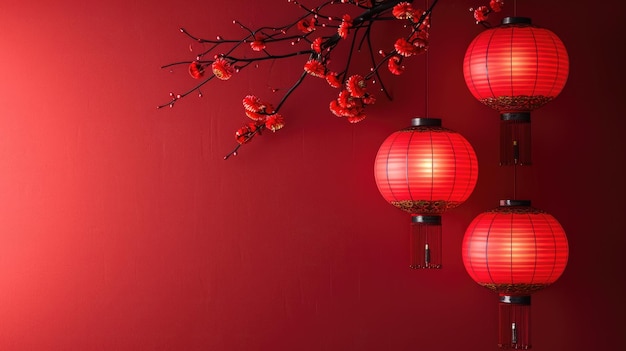 Traditional Charm Chinese New Year Lanterns Adorn a Minimalist Red Background