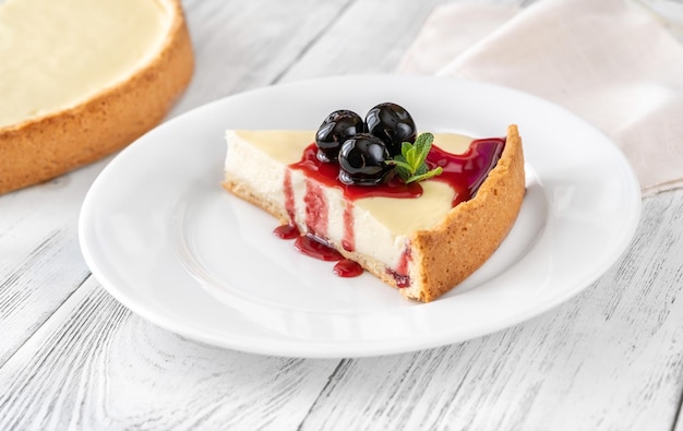 Traditional cheesecake wedge with amarena cherries on the plate