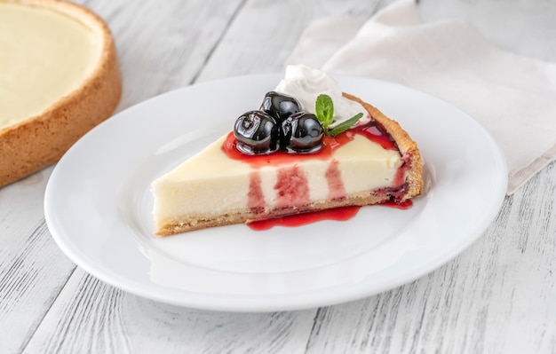 Traditional cheesecake wedge with amarena cherries on the plate