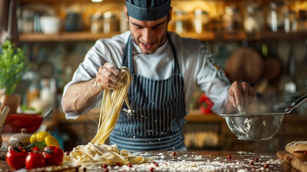 Photo traditional chef making fresh pasta in vibrant scene