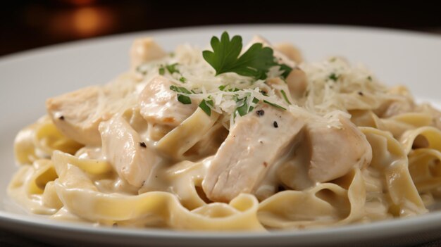 Photo a traditional chicken alfredo pasta dish featuring tender grilled chicken creamy alfredo sauce