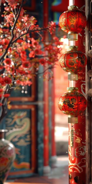 Traditional Chinese Architecture with Red Lanterns and Pink Blossoms