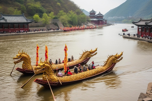 Traditional Chinese boats float on the river Dragon Boat Festival Travel Concept World China