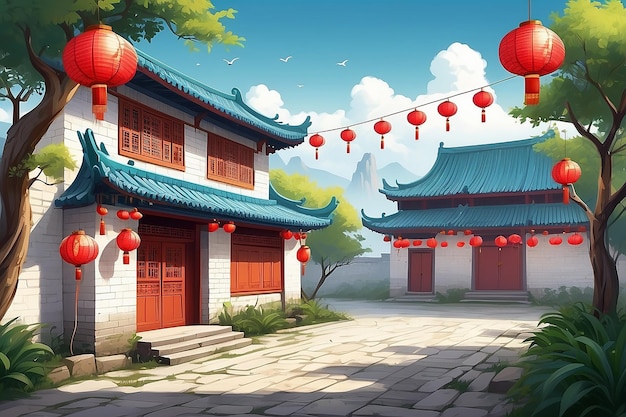 Traditional chinese countryside architecture illustration with white brick wall and hanging lanterns