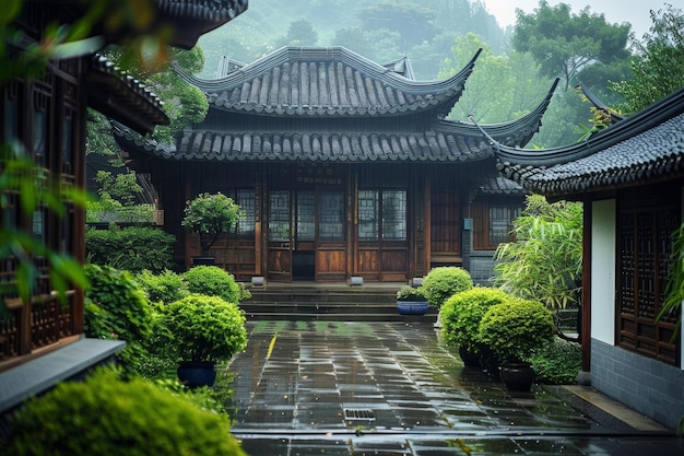 Photo traditional chinese courtyard in rainy ambiance