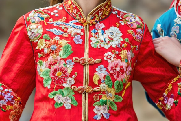 Photo traditional chinese embroidered red jacket with floral designs