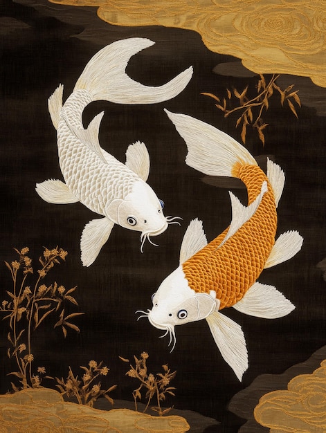 Photo traditional chinese flat embroidery decorative art with two gold and white carp generative ai