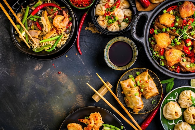 Photo traditional chinese food displayed on dark background seen from above