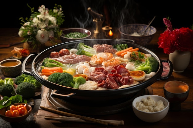 Traditional Chinese Hot Pot Filled with an Assortment of Fresh Ingredients Generative AI